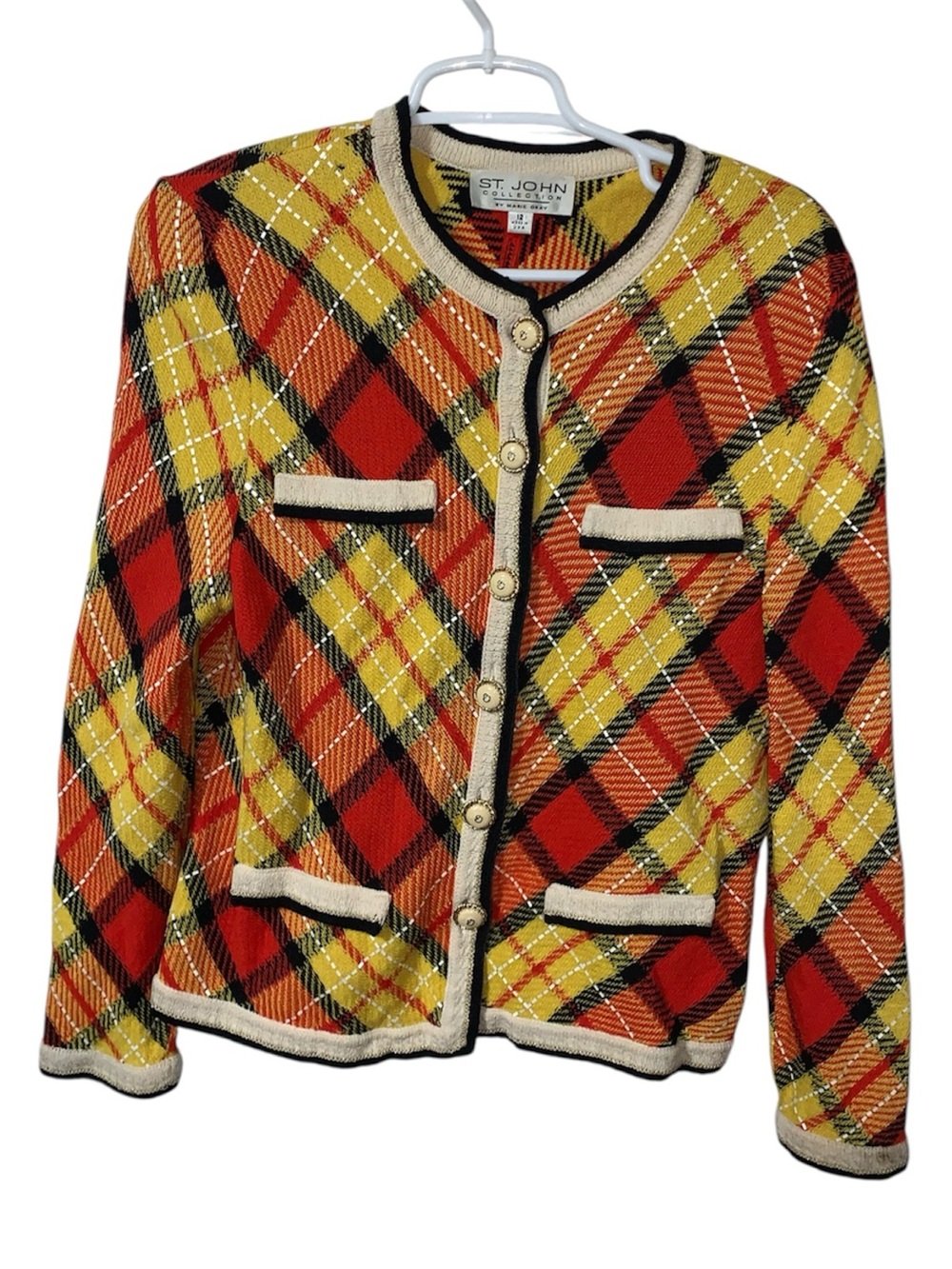 Vintage St. John by Marie Gray Plaid Knit Blazer in yellow, red, and black